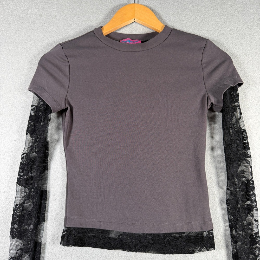 Edikted Grey Black Lace Layered Long Sleeve Top XS Goth Grunge Crew Neck 14581